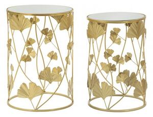 Set 2 tavolini con top in vetro e struttura dorata ricamo a foglie Leavy
