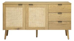 Credenza finitura legno chiaro, cannage in rattan e metallo nero 2 ante, 3 cassetti L135 cm MANILLE