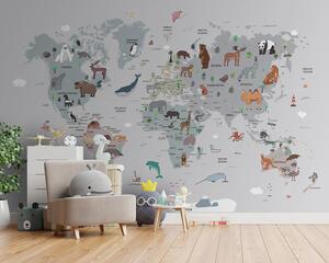 Carta da parati Animali con mappa del mondo e nomi di paesi, Carta da parati per Bambini, u95844 : Uwalls.it