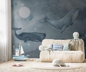 Carta da parati Tre grandi balene nuotano tra le stelle nel cielo notturno, Carta da parati Mare, u96337 : Uwalls.it