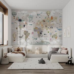 Carta da parati Mappa del mondo con animali e palloncini, Carta da parati per Bambini, u96461 : Uwalls.it