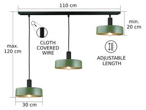 Lampadario a sospensione con filo HAKI 3xE27/60W/230V verde/nero