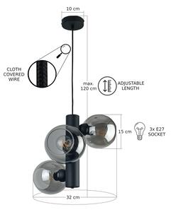 Lampadario a sospensione con filo TUBE 3xE27/60W/230V nero/fumé nero
