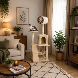 Tiragraffi per gatti Belviona, albero da arrampicata per gatti con cuccia, amaca, scaletta e piattaforma di riposo, 133 cm, beige