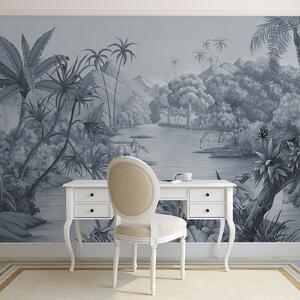 Carta da parati Tropici in bianco e nero con colori blu, Carta da parati Foresta, Carta da parati Giungla, u59040v2 : Uwalls.it