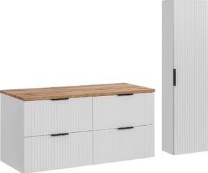 Set Di Mobili Da Bagno Bianco Opaco 120 Cm Con Piano In Rovere Wotan E Montante