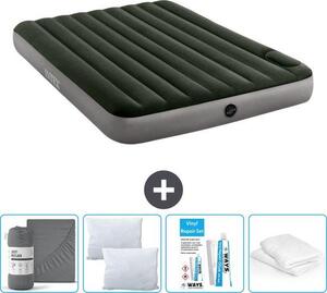 Letto ad aria Intex - 2 persone - 152 x 203 x 25 cm - Verde - Con pompa a pedale incorporata + lenzuola antracite + cuscino + federe Molton 2 in 1 + set di riparazione