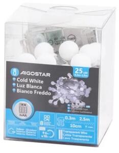 Aigostar - Catena luminosa LED per esterni, 25 LED, alimentazione 3x AA, 8 funzioni, 2,8 m, IP44, bianco freddo