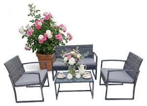 Set di mobili da giardino Relaxdays, set da salotto in rattan da 4 pezzi, per 4 persone, panca, sedie e tavolo in vetro, mobili da relax, da esterno, grigio