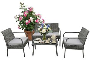 Set di mobili da giardino Relaxdays, set da salotto in rattan da 4 pezzi, per 4 persone, con panca, 2 sedie e tavolo, mobili da relax, per esterni, grigio