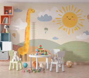 Carta da parati Una giraffa in piedi in un campo con sole e nuvole, Carta da parati per Bambini, Carta da parati popolare, u98954 - Tapeko.it