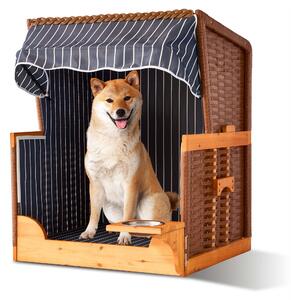 Relaxdays Cestino da spiaggia per cani, rattan, con ciotola, poltroncina per cani con tettuccio, LxPxA: 95x75x65 cm, giardino e terrazza, legno, blu scuro