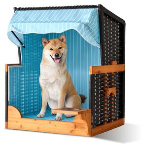 Relaxdays Cestino da spiaggia per cani, rattan, con ciotola, poltroncina per cani con tettuccio, LxPxA: 95x75x65 cm, giardino e terrazza, legno, azzurro