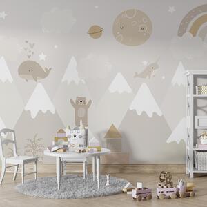 Carta da parati Montagne con simpatici animali, nuvole e, Carta da parati per Bambini, Carta da parati Vivaio in stile scandinavo, u99206 : Uwalls.it