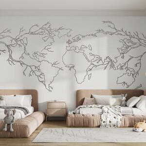 Carta da parati Mappa del mondo, rami di alberi, disegno al tratto, minimalismo, natura, beige, Carta da parati Design, u99731 : Uwalls.it