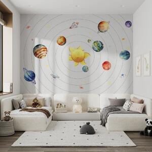 Carta da parati Sistema solare, pianeti, sole, razzo, ufo, satellite, stelle, sfondo bianco , Carta da parati per Bambini, w00214 : Uwalls.it