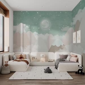 Carta da parati Luna sulle montagne innevate illustrazione per bambini in verde, Carta da parati per Bambini, w00374v3 : Uwalls.it