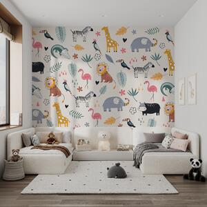 Carta da parati animali, leoni, giraffe, elefanti, foglie, baby room, Carta da parati per Bambini, w00555 : Uwalls.it