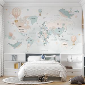 Carta da parati Mappa del mondo con balene e palloncini, Carta da parati Mare, w00680 : Uwalls.it