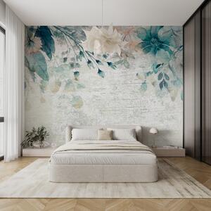 Carta da parati Grandi fiori, foglie e rami blu e bianchi contro una parete strutturata, Carta da parati Acquerello, w00697 : Uwalls.it