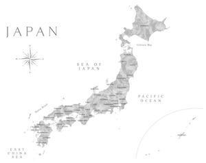 Mappa Map of Japan in gray watercolor, Blursbyai