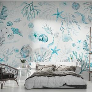 Carta da parati Motivo marino ad acquerello, stile boho, conchiglie, coralli, cotone, colori blu, Carta da parati Mare, w00851v1 : Uwalls.it