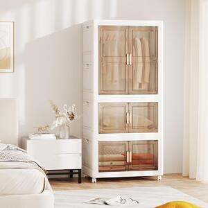 Costway Contenitori di stoccaggio 421 l con coperchio, Organizzatore di armadio portatile in plastica con 10 appendini Bianco + Marrone