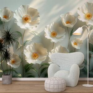 Carta da parati Papaveri bianchi contro un muro con luce solare ed effetto 3D, Carta da parati 3D, Carta da parati Fiori 3D, w01339 : Uwalls.it