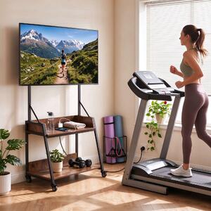 Costway Carrello porta tv con ruote con stazione di ricarica e 2 ripiani vesa max 400x400mm, Supporto tv da pavimento regolabile in altezza