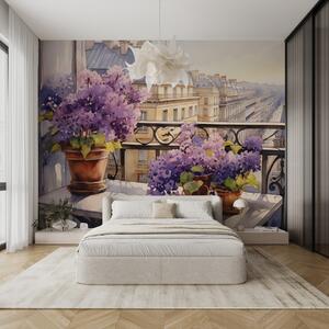 Carta da parati Pittura di un balcone con fiori viola, Carta da parati Natura, Carta da parati popolare, w00740 - Tapeko.it