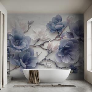 Carta da parati Fiori di magnolia in rilievo blu su un grazioso ramo, Carta da parati Floreale, w01359v1 : Uwalls.it