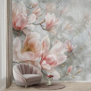 Carta da parati Delicati fiori di magnolia rosa che sbocciano su uno sfondo grigio floreale morbido e, Carta da parati Floreale, w08192 : Uwalls.it