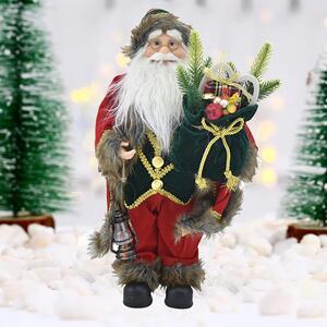 Statuina Babbo Natale 40 cm con Sacco Regali e Lanterna Vestiti in Tessuto Rosso e Verde
