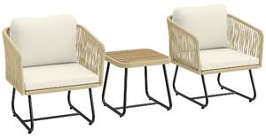 Outsunny Set da Giardino 3 Pezzi, Tavolo a Doghe in Legno, 2 Poltrone, Cuscini Spessi Lavabili, Struttura in Acciaio Zincato, Bianco Crema | Aosom Italy