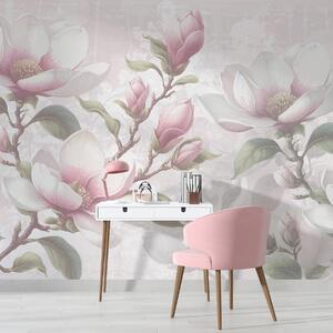 Carta da parati Delicati fiori di magnolia rosa in piena fioritura su uno sfondo morbido e sfocato, Carta da parati Floreale, w08216 : Uwalls.it