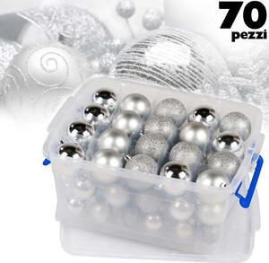 Set 70 Palle di Natale Ø4-6-8 cm con Contenitore Argento