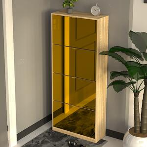 Scarpiera Slim 4 Ante a Ribalta 63x24x150 cm con Frontali a Specchio e Maniglie Integrate in Legno Marrone