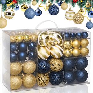 Set 100 Palline di Natale Ø3-4-6 cm con Gancio in Plastica Oro e Blu
