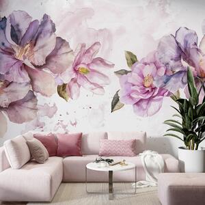 Carta da parati Delicati fiori rosa e viola ad acquerello con petali morbidi e foglie verdi su uno, Carta da parati Floreale, w08238 : Uwalls.it