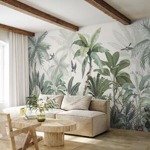 Carta da parati Una lussureggiante scena di giungla tropicale con varie palme, grandi foglie e fiori, Carta da parati Natura, w08239 : Uwalls.it
