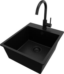 Lavello in granito PRIMAGRAN Tutto nero 43x50 cm, vasca 1 vasca + rubinetto da cucina 32x20 cm + set di scarico, lavello da cucina da 45 cm - Riga