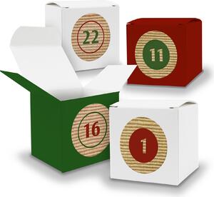 Calendario dell'Avvento 24 cubi da 5 cm VERDE SCURO BIANCO ROSSO SCURO + adesivi V15 Z10