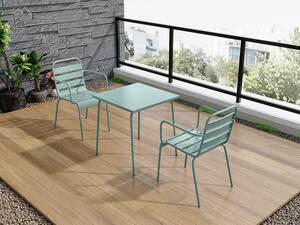 Sala da pranzo da giardino un tavolo L.70 cm e 2 poltrone impilabili in metallo Verde mandorla - MIRMANDE di MYLIA