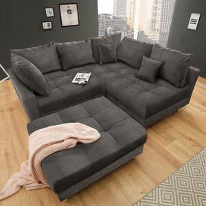 Divano angolare KENT, grigio, in velluto, con imbottitura in piume, dimensioni 220 cm, stile moderno, comprensivo di poggiapiedi e cuscini. Prodotto da riess-ambiente