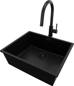 Lavello in granito PRIMAGRAN Tutto nero 56x47 cm, vasca 1 vasca + rubinetto da cucina 40x20 cm + set di scarico, lavello da cucina da 60 cm - London Slim