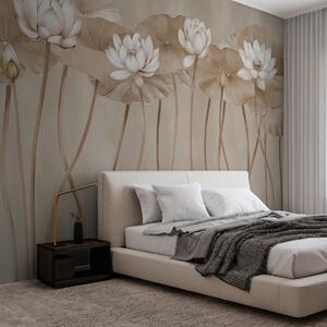 Carta da parati Fiori e foglie di loto beige , Carta da parati Floreale, w01622v3 : Uwalls.it