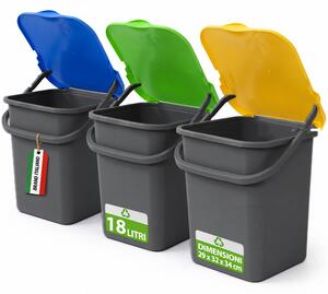 Set 3 Pattumiere 18 L con Apertura Push 32x29x34 cm per Raccolta Differenziata in Plastica Grigio Antracite