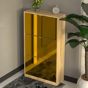 Scarpiera Slim 3 Ante a Ribalta 63x24x115 cm con Frontali a Specchio e Maniglie Integrate in Legno Marrone