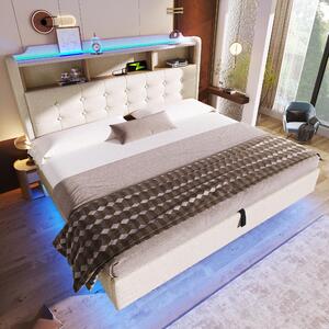 Letto imbottito STILVORA, 180x200 cm, con striscia LED, contenitore con sistema idraulico e scomparti, dotato di prese USB/Tipo-C e design sospeso