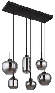 Lampada a sospensione, metallo, nero opaco, vetro color fumo, 6 lampadine